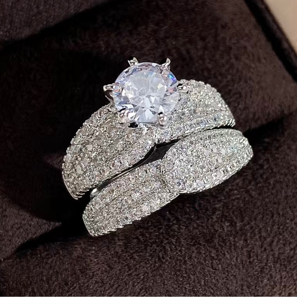 2 Pcs/set 925 Silver Plated Bridal Wedding Zircon ring